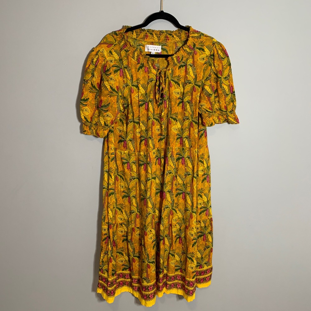 Margaux Riviera Yellow‎ Banana Palm Tropical Print Midi Dress Boho XL